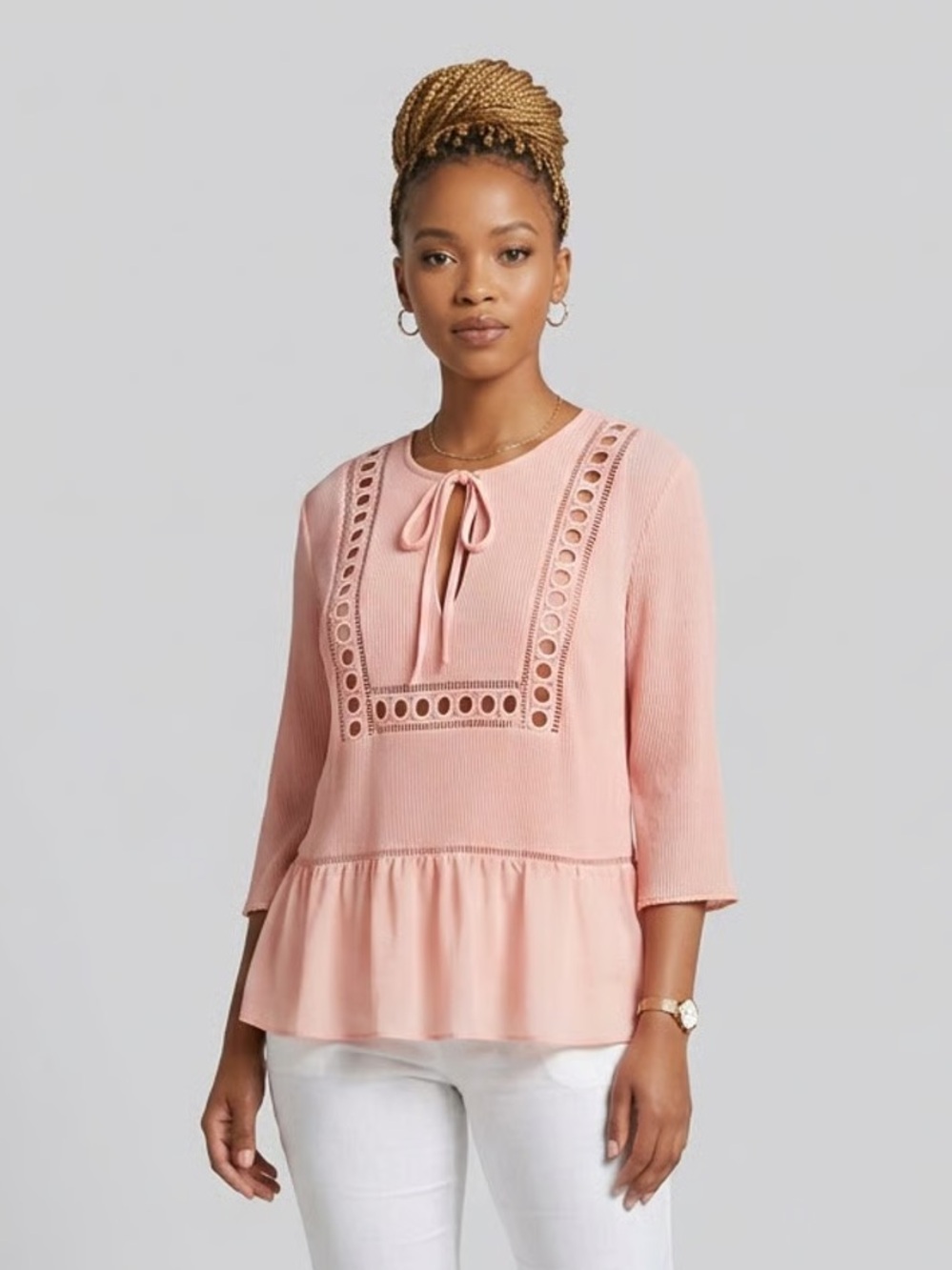 EXPRESS | Light Pink Crochet-Trim Sheer Peasant Blouse Sz S
